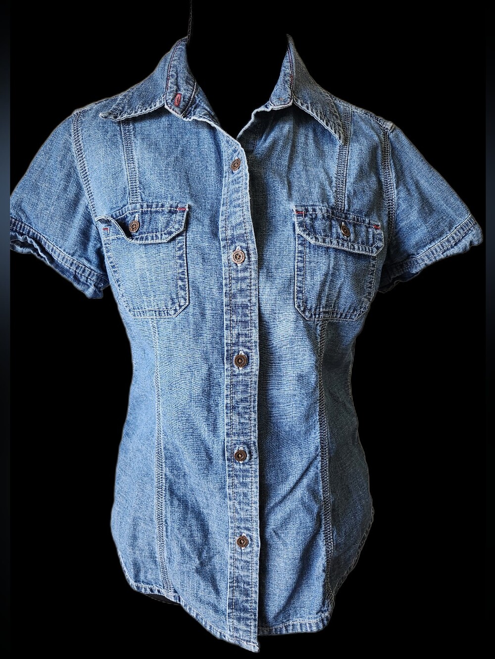 Eddie Bauer Jean Button Down Short Sleeve Top Size Small Denium
